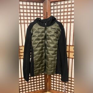 Reebok Glacier Shield Hybrid Puffer Fleece Full Zip Hooded Jacket Olive Black